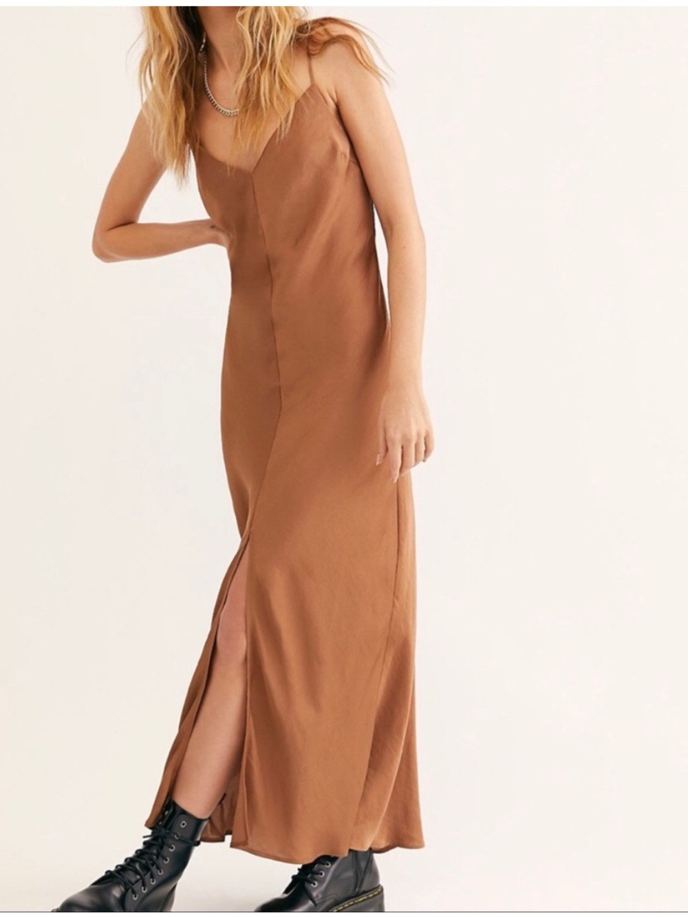 Intimetley FP Smoke & Mirrors Brown Satin Maxi Slip Dress Front Slit Drape Back